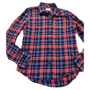 Pact Women’s S Organic Cotton Flannel Shirt Plaid Button Up Long Sleeve Red Blue